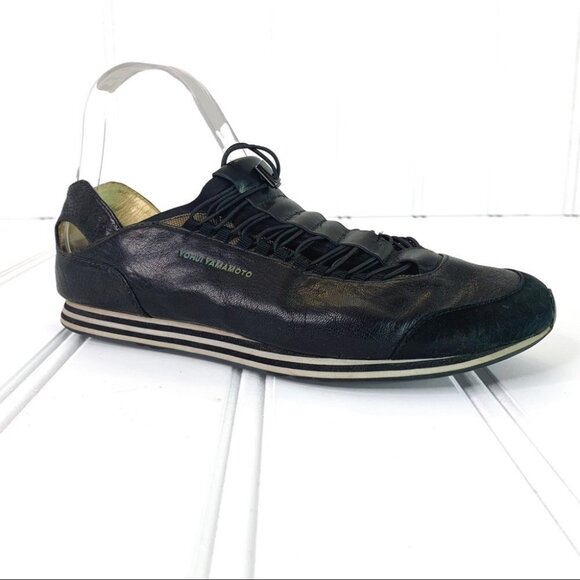 YOHJI YAMAMOTO Y-3 ADIDAS BLACK WHITE GOLD LEATHER SNEAKER ELASTIC STRIPES 6.5 - Picture 7 of 17